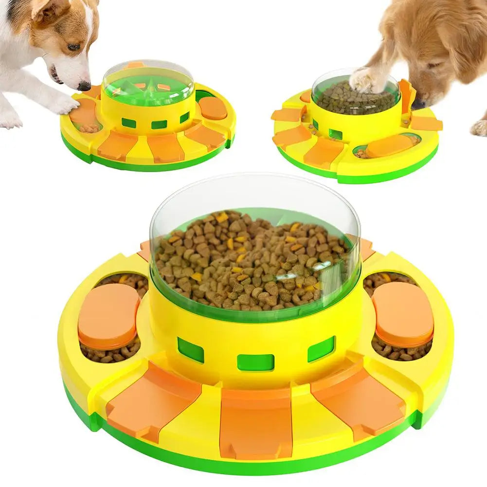 Puzzle feeder releasing food into the bowl