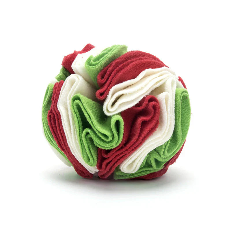 Dog sniffing treats from the snuffle ball