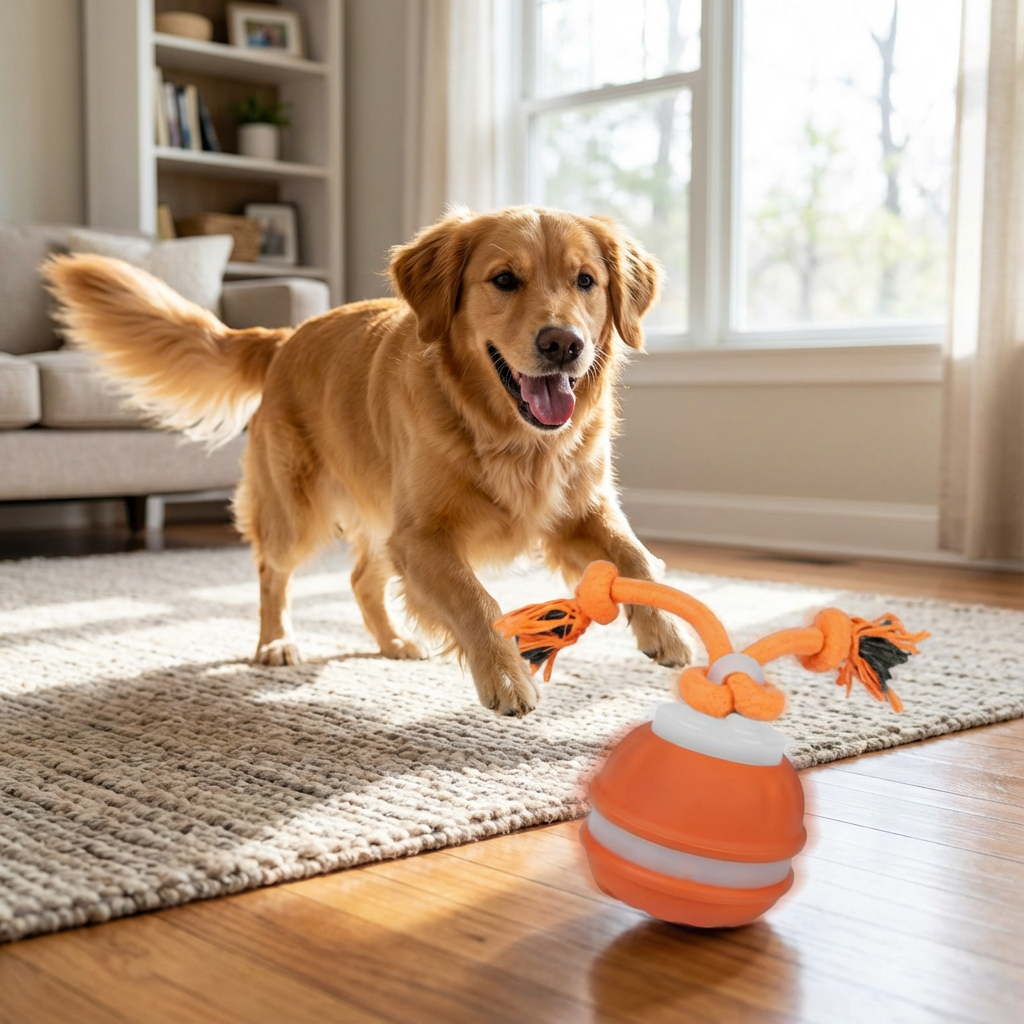 Sturdy dog play ball with motion sensor and tug rope