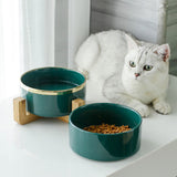 Ceramic pet bowl set with wooden stand
