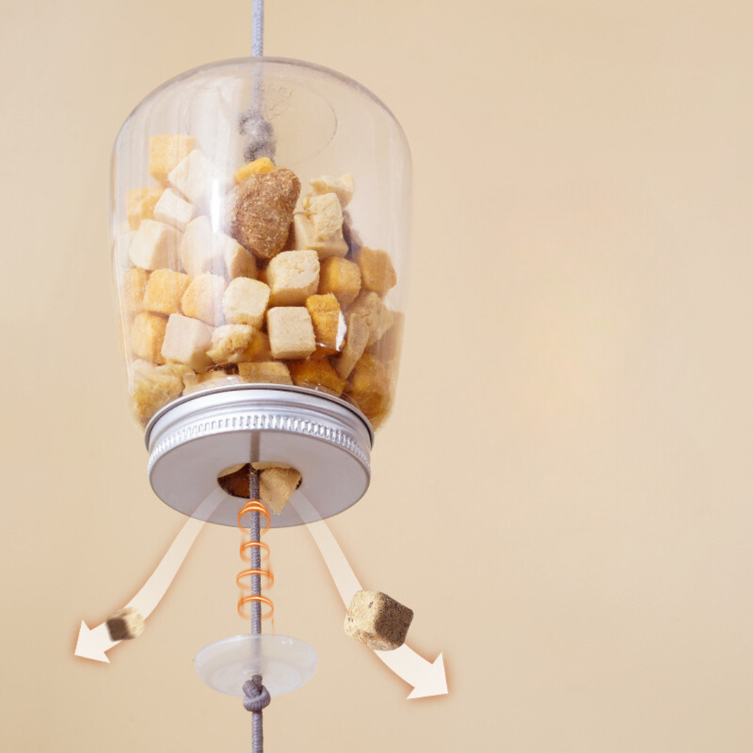 Hanging cat toy releasing treats