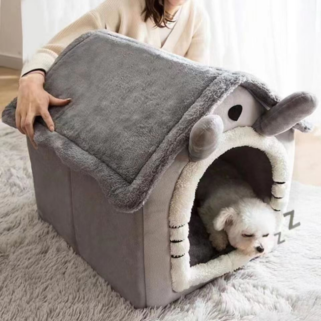 Plush cat house in grey