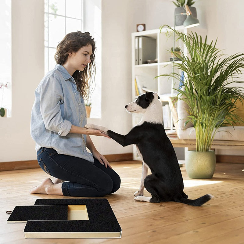 Dog pawing at the treat puzzle board