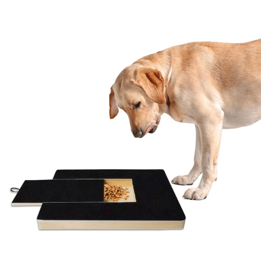 Dog using the treat puzzle board