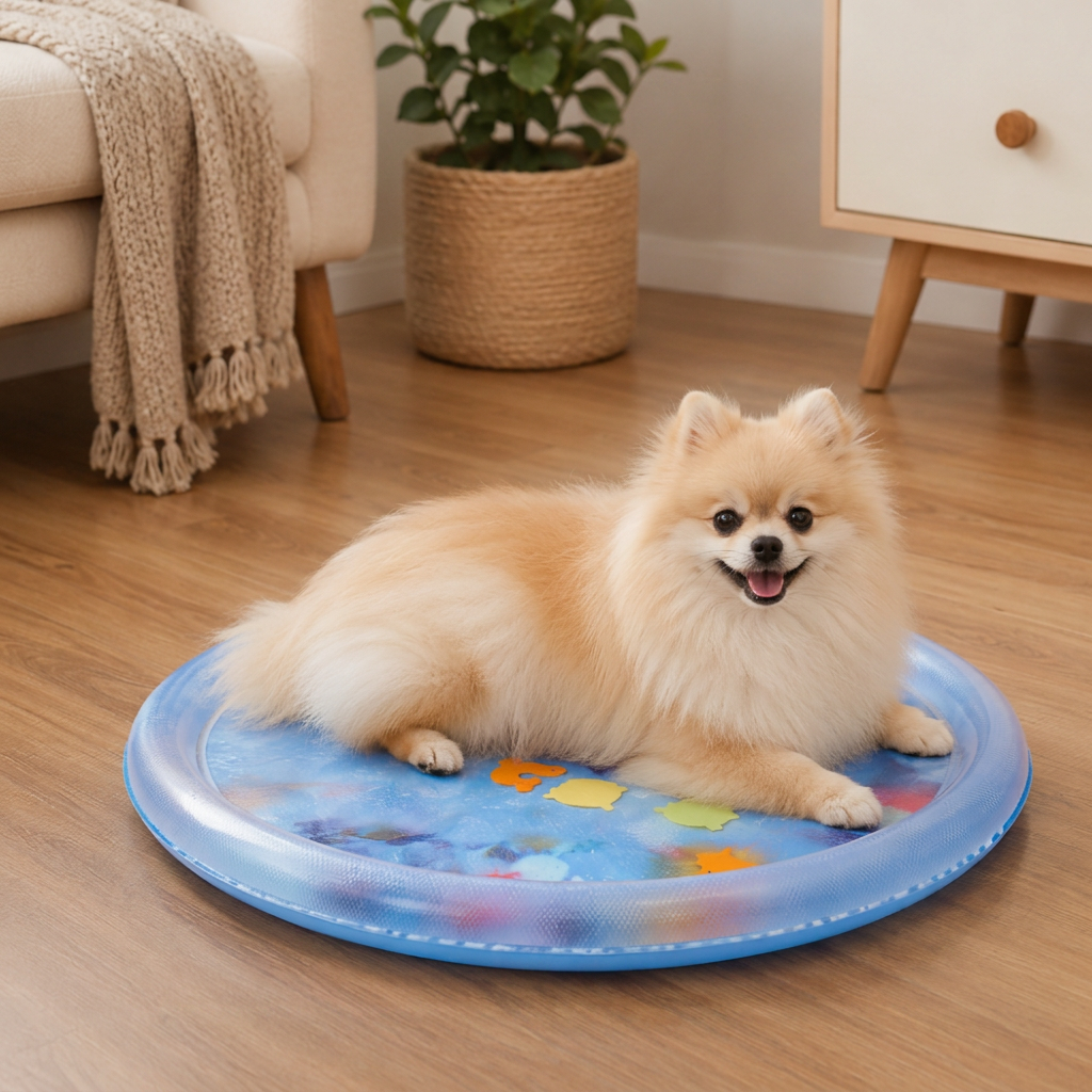 Cooling play water mat with floating fish for cats and small pets