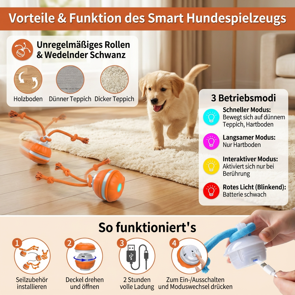 Sturdy dog play ball with motion sensor and tug rope