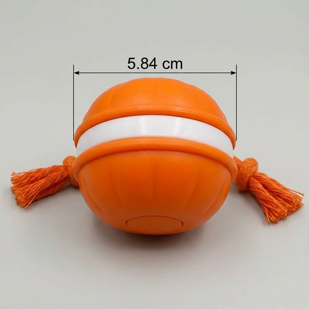 Sturdy dog play ball with motion sensor and tug rope