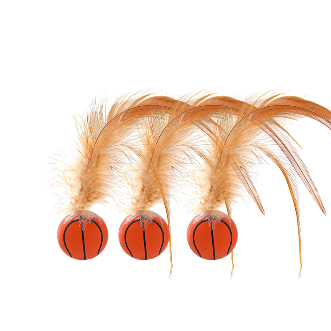 Close-up of the feathers on the rubber cat toy
