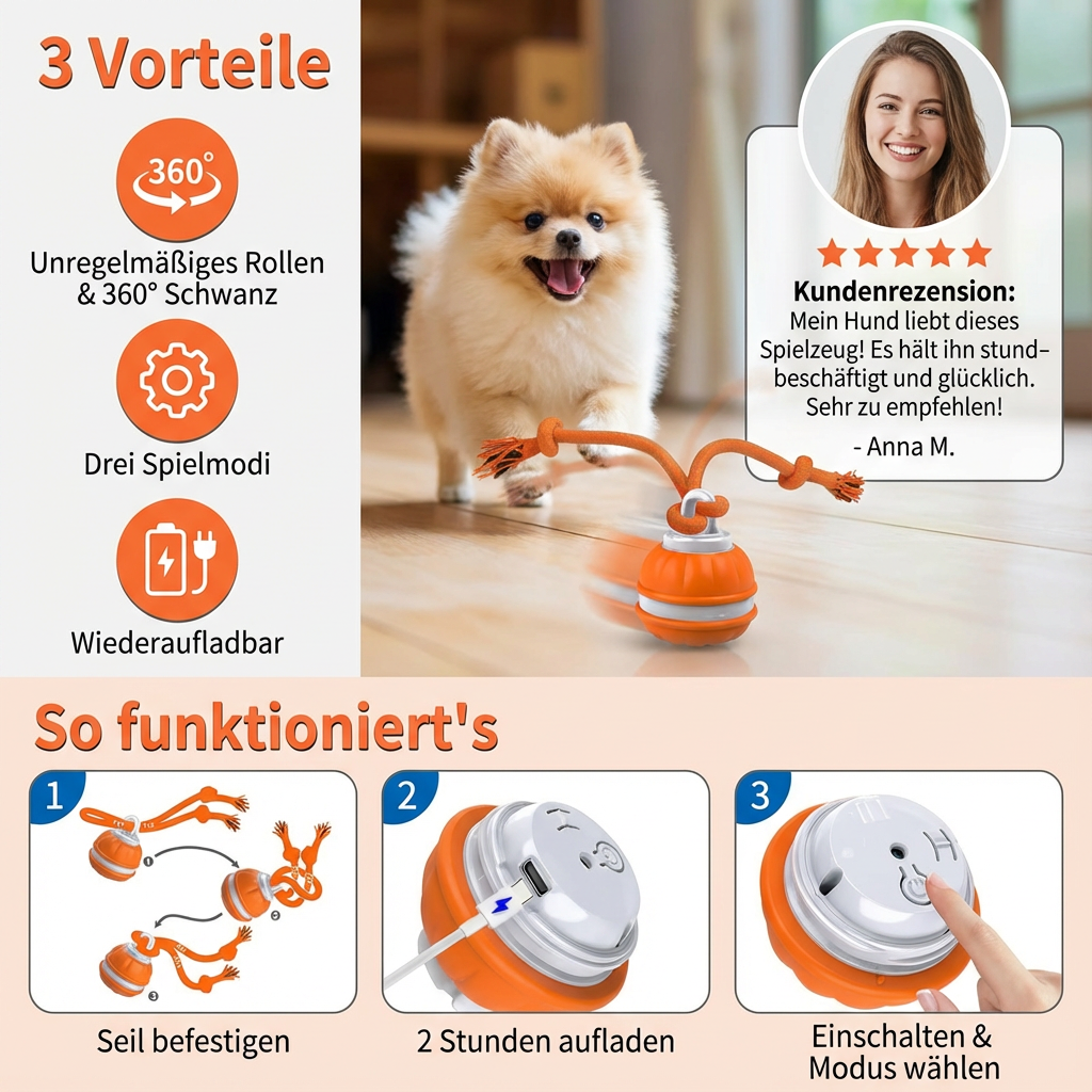 Sturdy dog play ball with motion sensor and tug rope