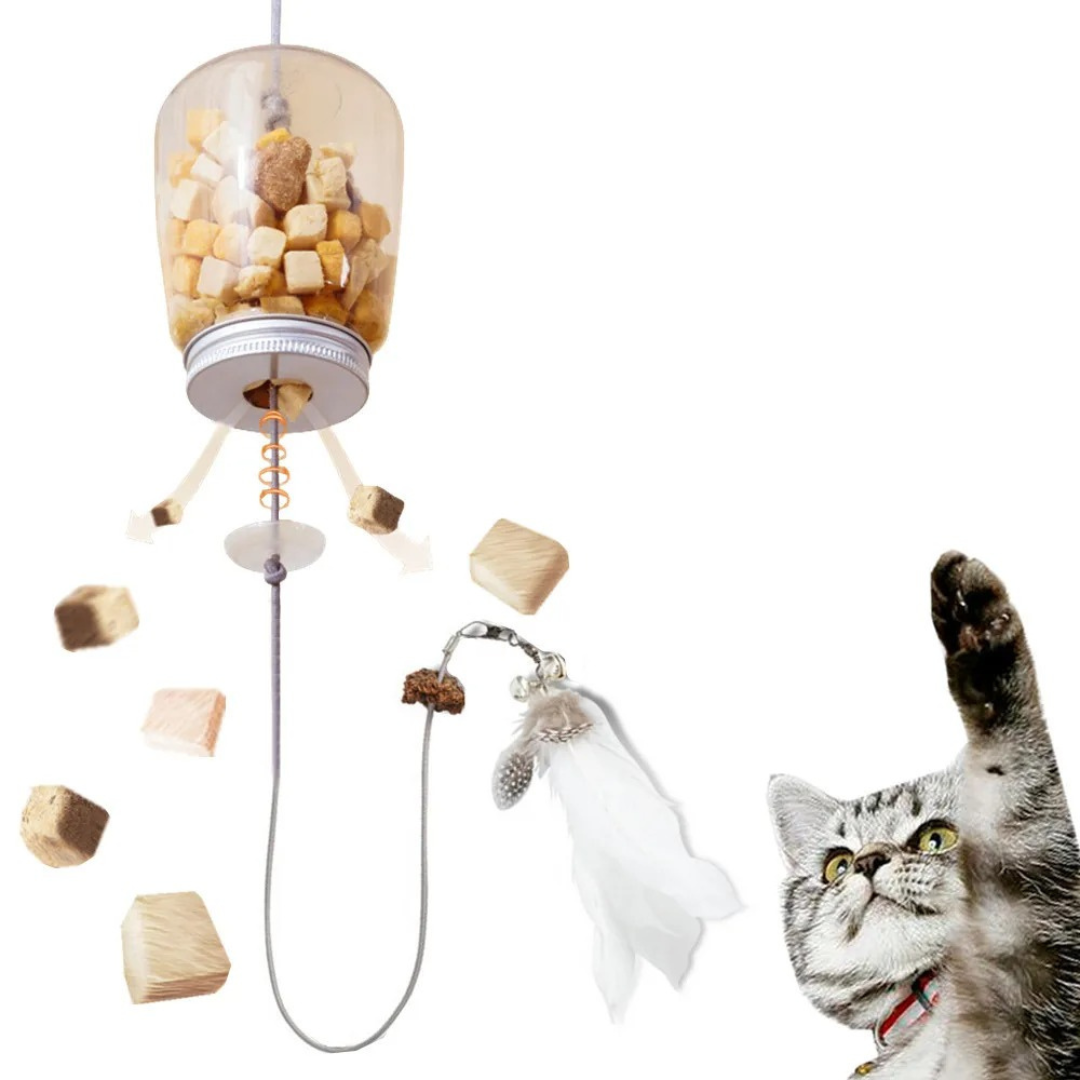Hanging treat-dispensing cat toy packaging