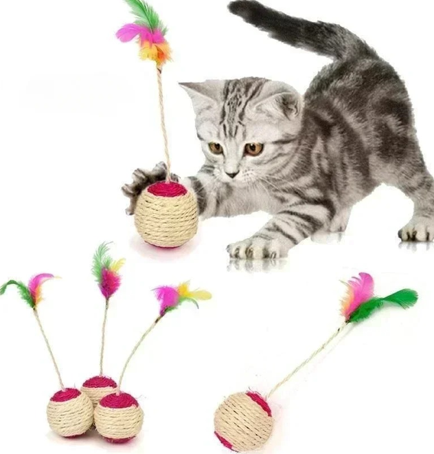 Sisal scratch ball cat toy with feathers