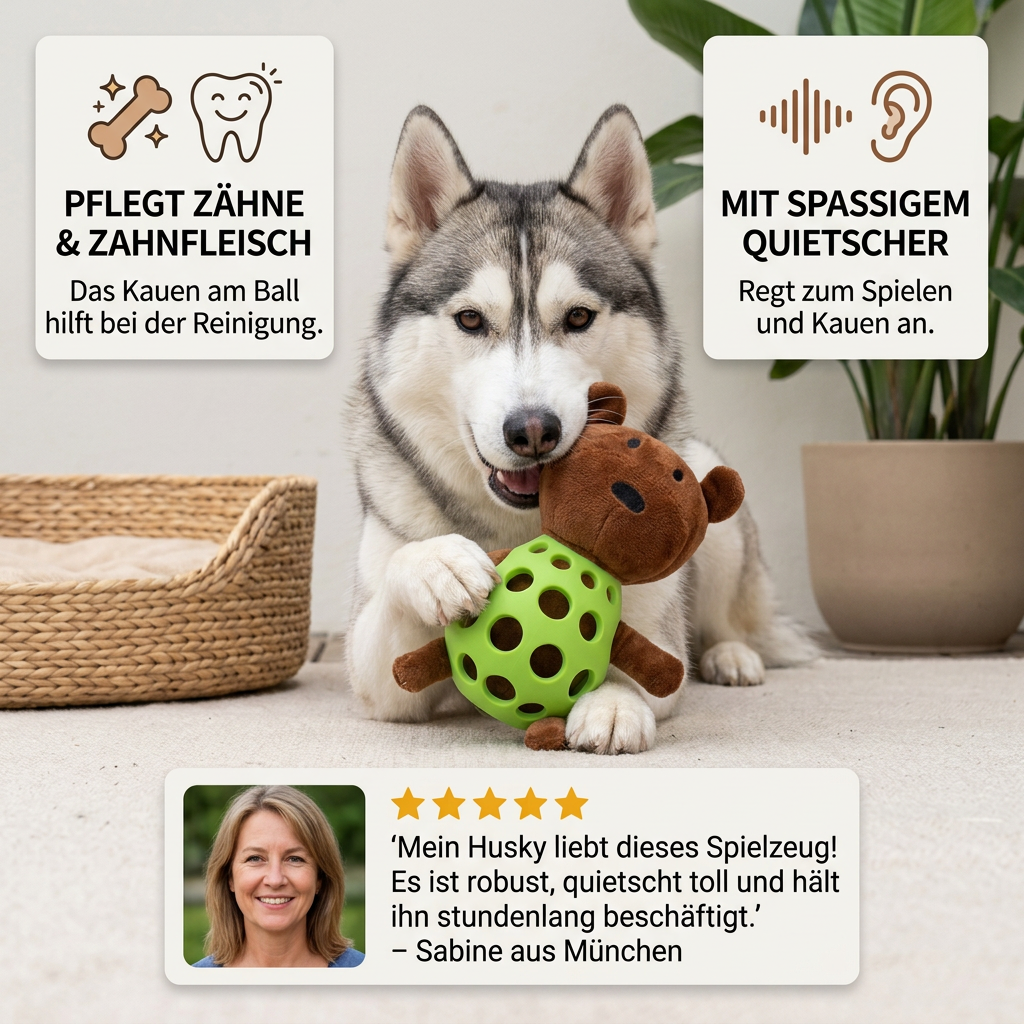 2-in-1 Bear Dog Toy – Squeaky Plush &amp; Dental Chew Ball