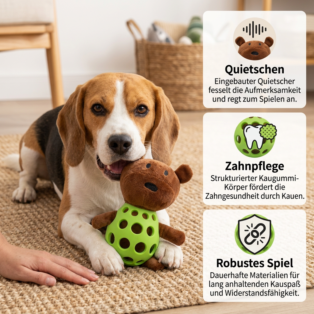 2-in-1 Bear Dog Toy – Squeaky Plush &amp; Dental Chew Ball