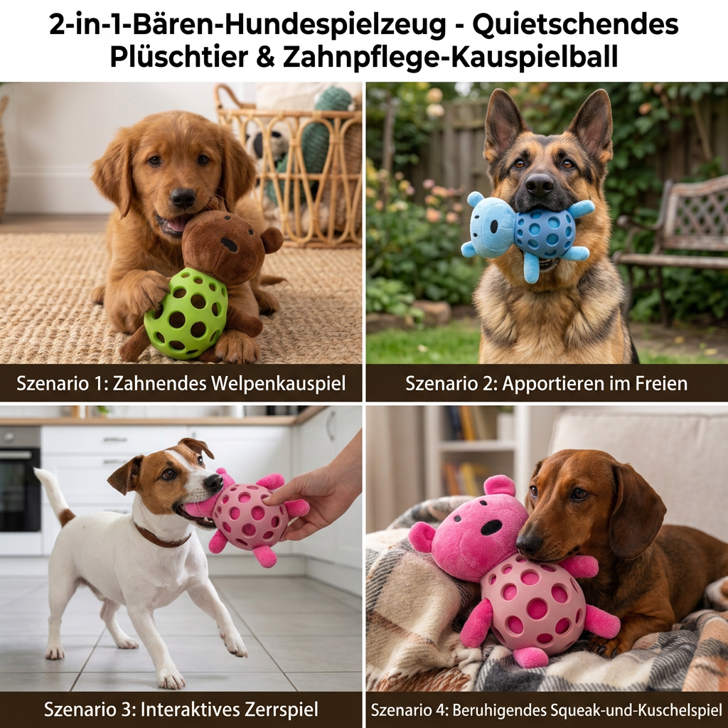 2-in-1 Bear Dog Toy – Squeaky Plush &amp; Dental Chew Ball