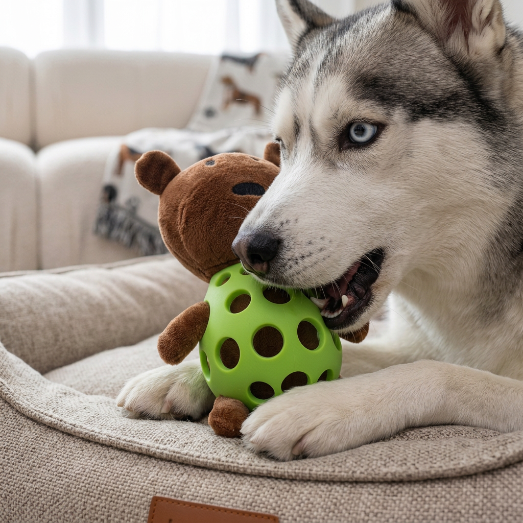 2-in-1 Bear Dog Toy – Squeaky Plush &amp; Dental Chew Ball
