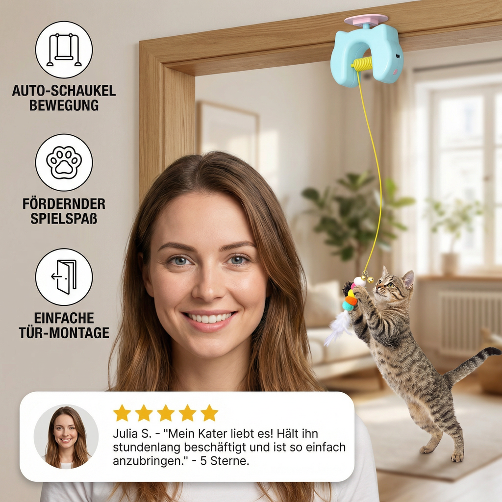 Interactive cat toy with feather and auto-swing door hanger