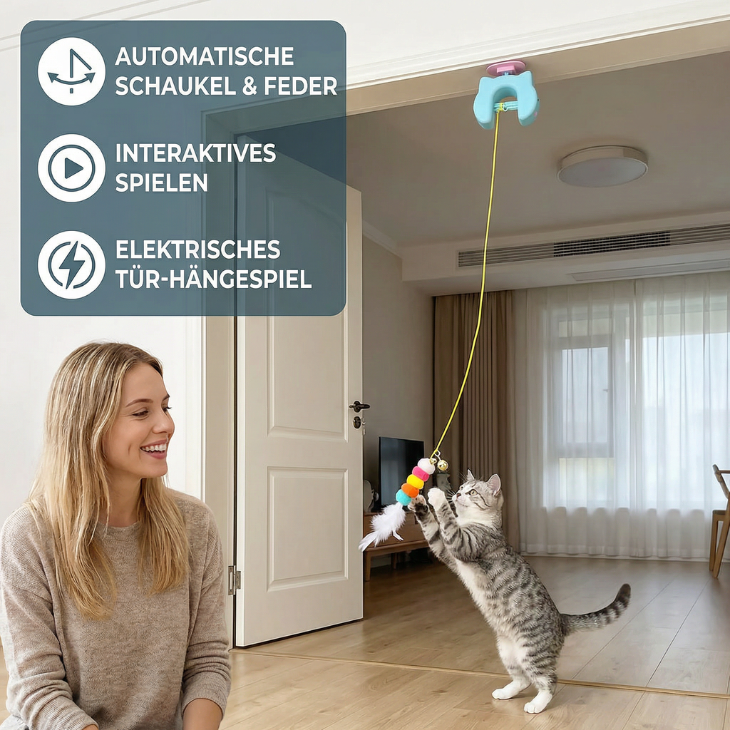 Interactive cat toy with feather and auto-swing door hanger