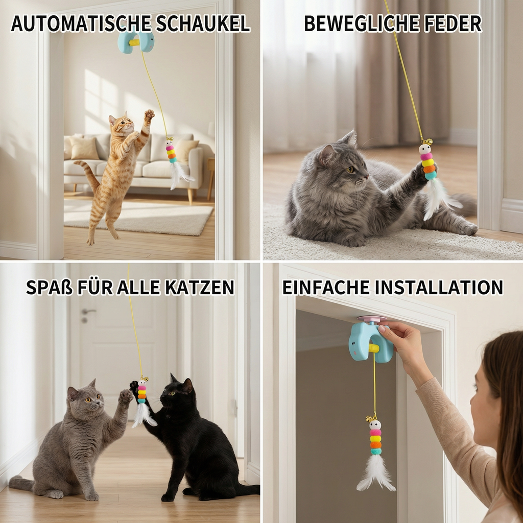 Interactive cat toy with feather and auto-swing door hanger