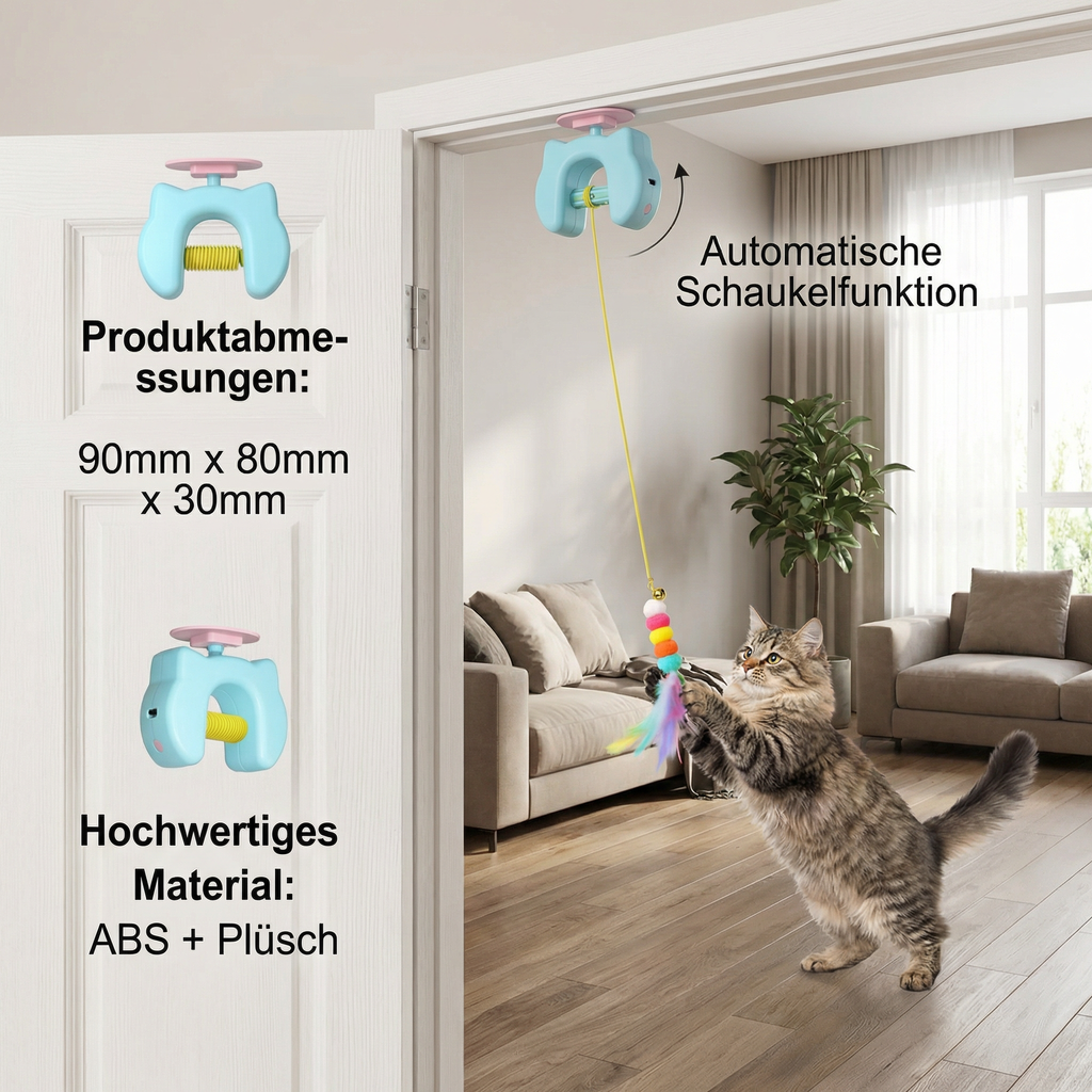 Interactive cat toy with feather and auto-swing door hanger