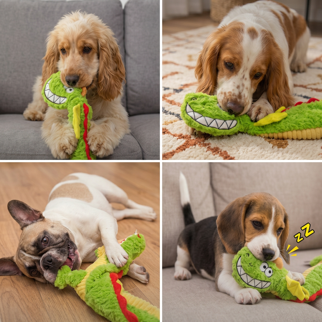 Crinkle and squeaker features of the dragon dog toy