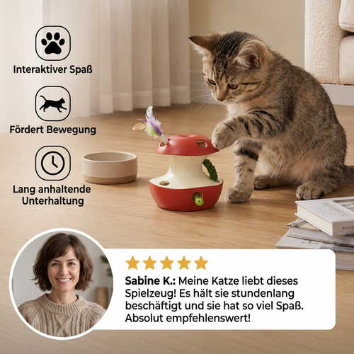 Cat playing with the apple-shaped interactive cat toy