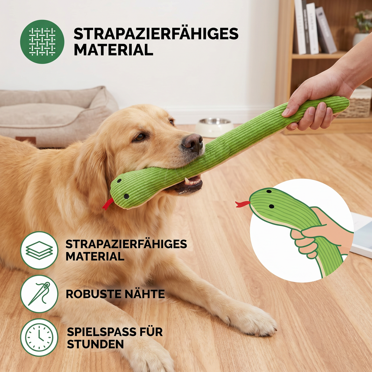Durable snake plush toy for dogs with squeaker