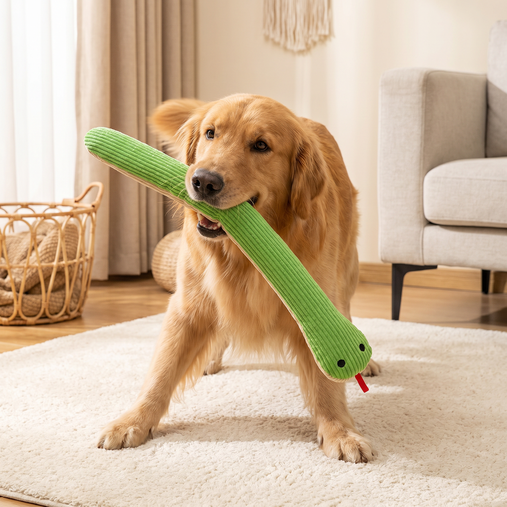 Durable snake plush toy for dogs with squeaker