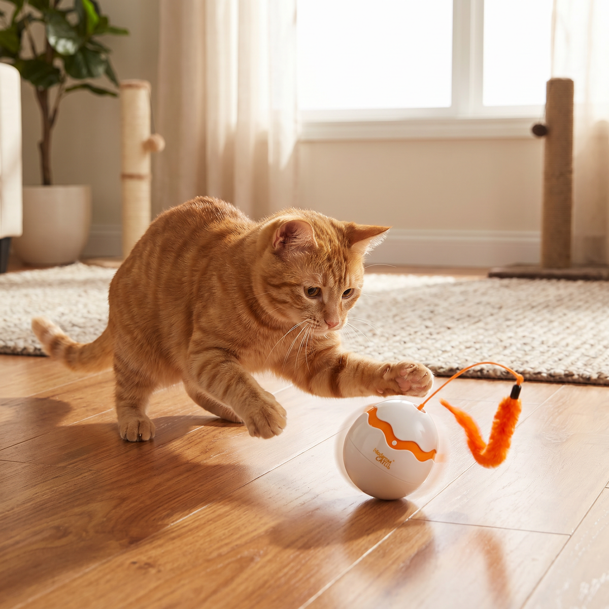 Interactive wobble egg cat toy with feather teaser