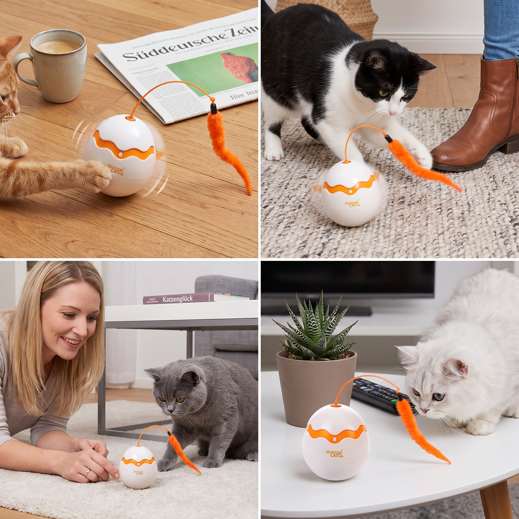 Interactive wobble egg cat toy with feather teaser