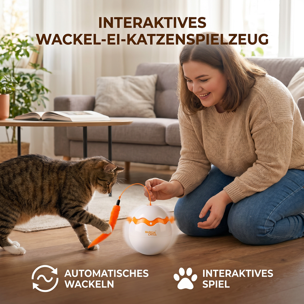 Interactive wobble egg cat toy with feather teaser