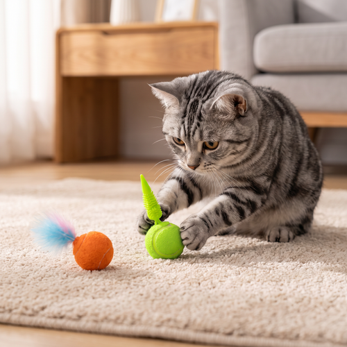 2-pack interactive cat balls with plush feather tail