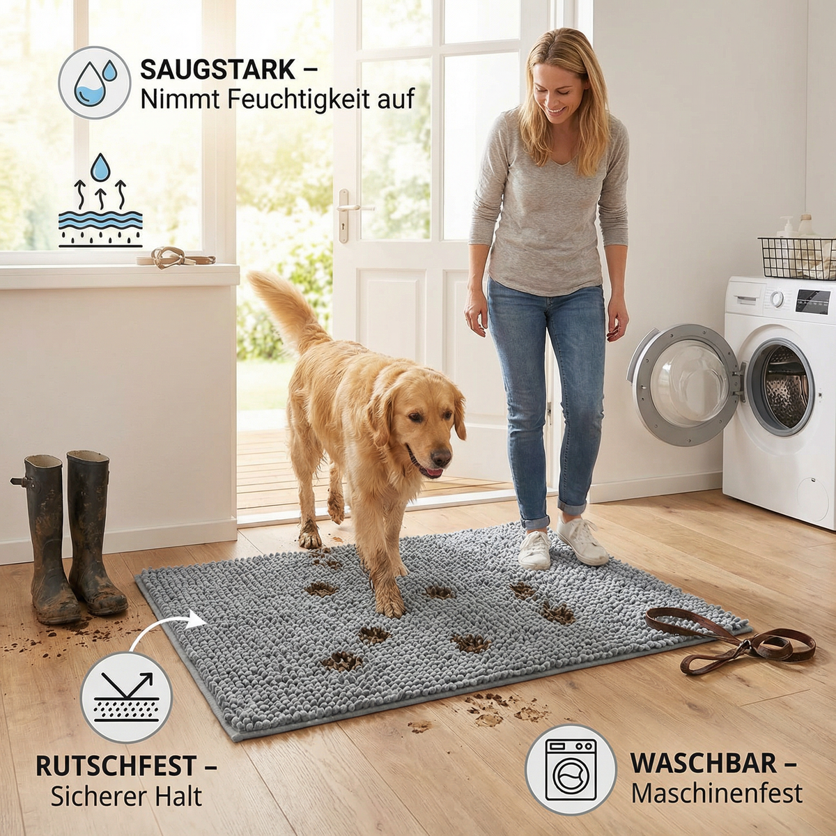 Dirt-trapping mat for dogs, absorbent and non-slip