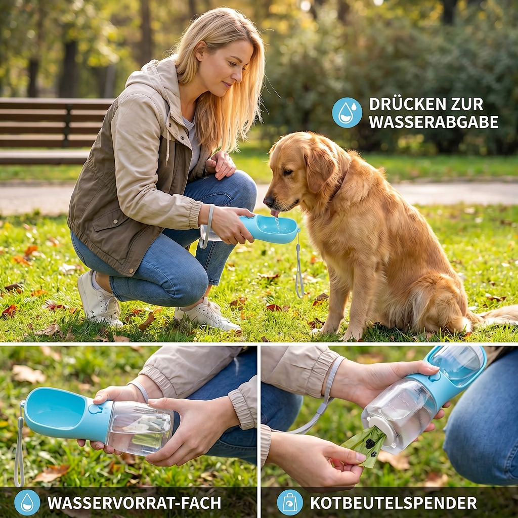 3-in-1 portable dog bottle with food container and poop bag holder