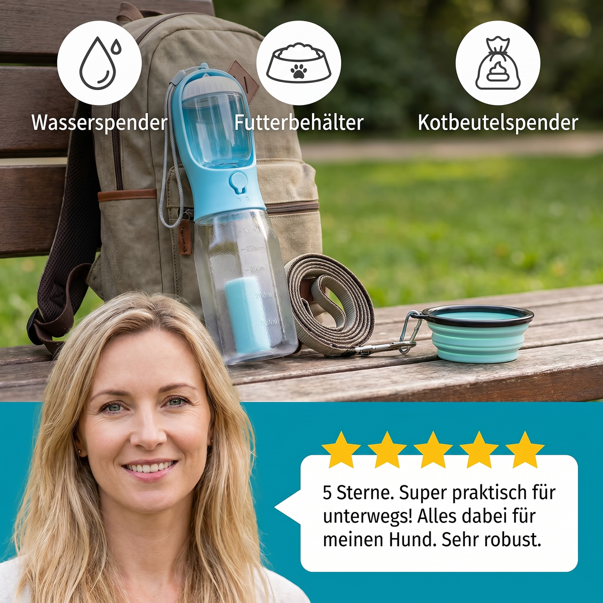 3-in-1 portable dog bottle with food container and poop bag holder