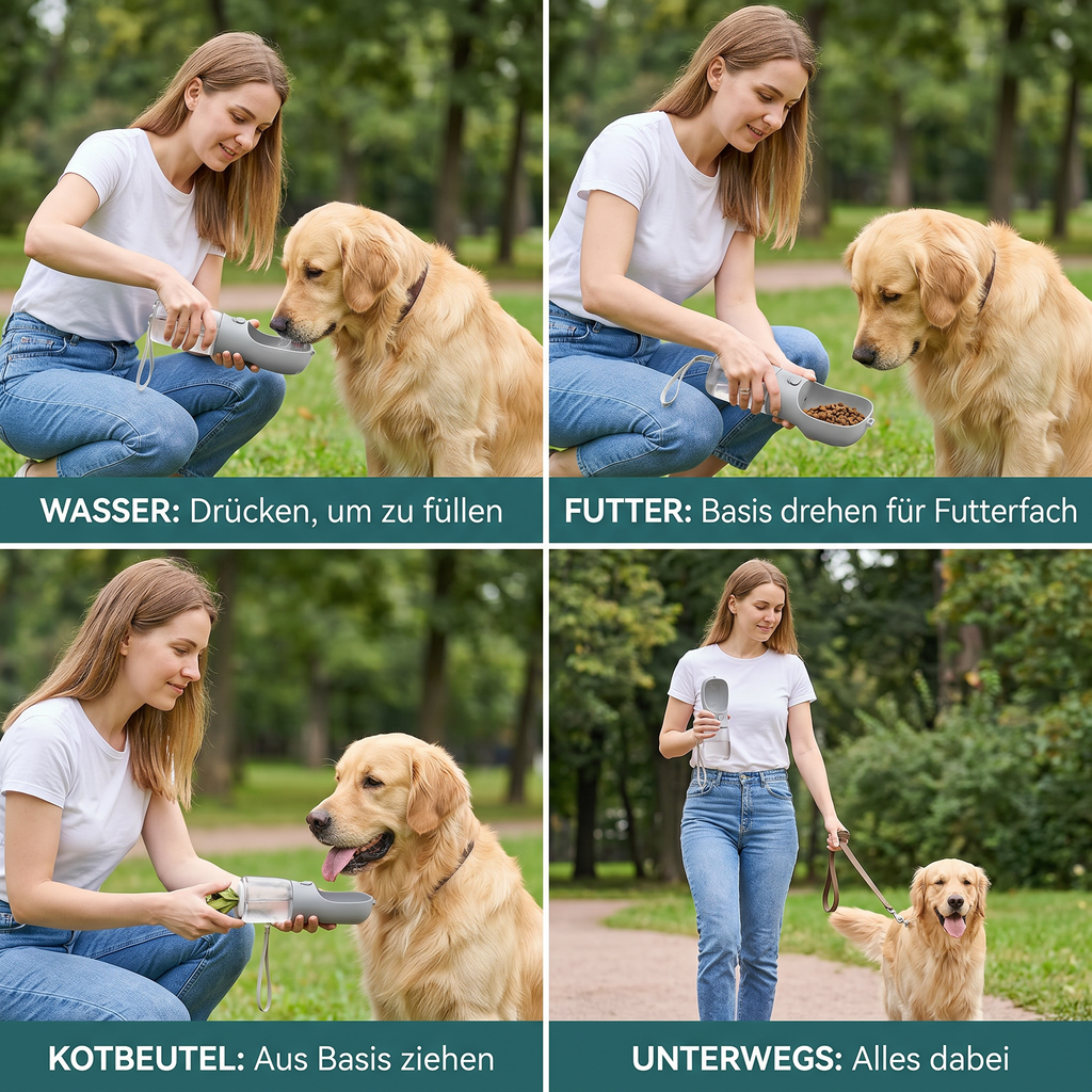 3-in-1 portable dog bottle with food container and poop bag holder