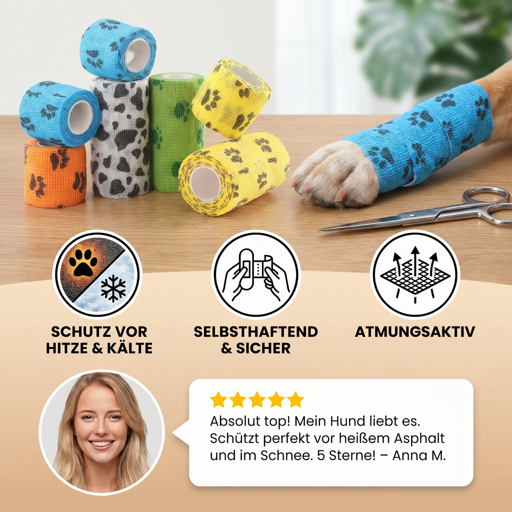 Applying the self-adhesive paw bandage to a dog