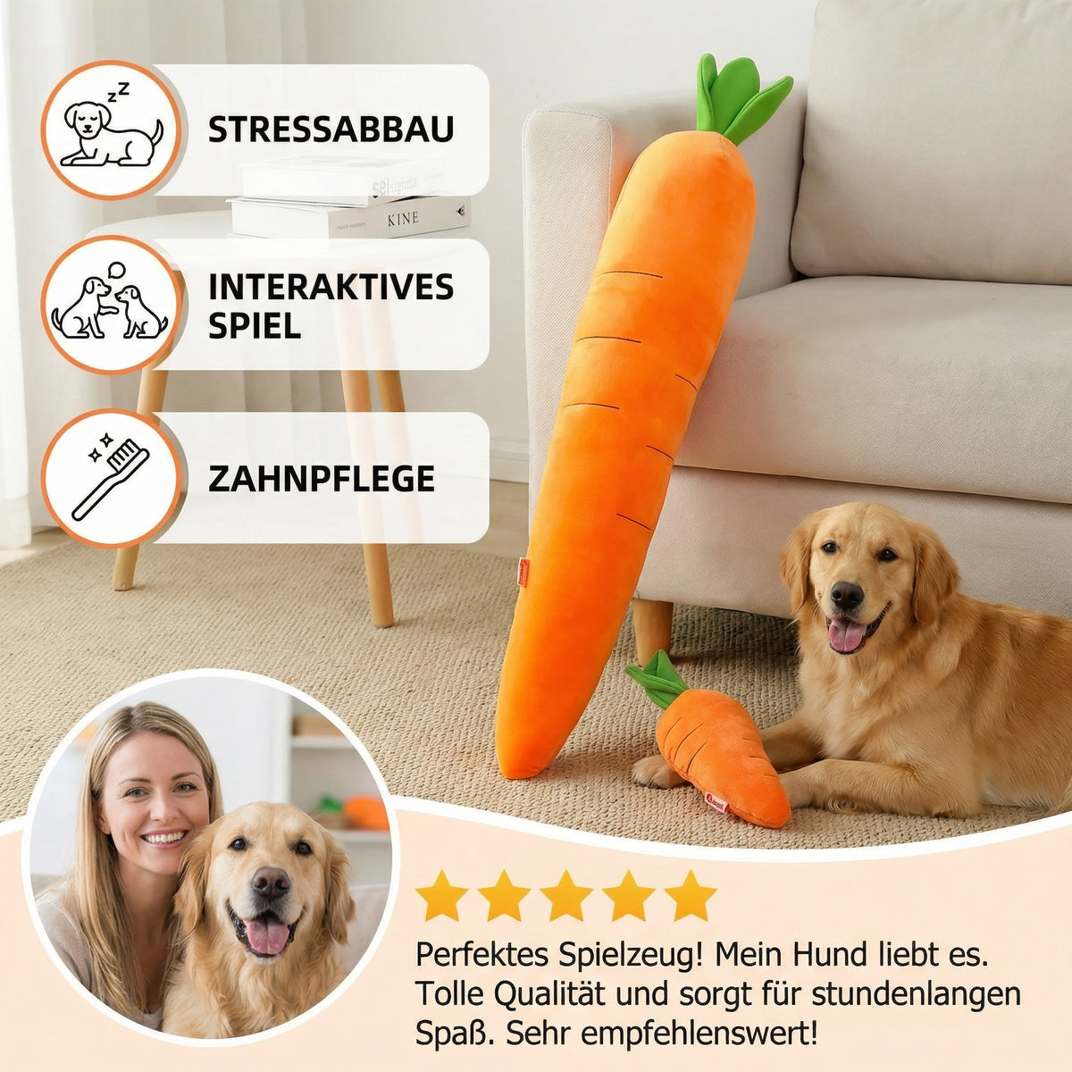Squeaky carrot dog toy for stress relief and play