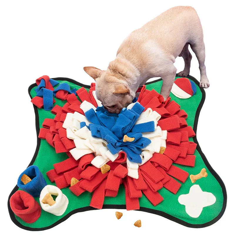 Dog sniffing treats from the snuffle mat