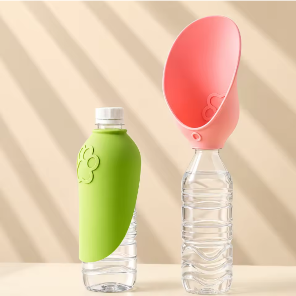 Silicone drinking cap turning a bottle into a portable dog water bowl