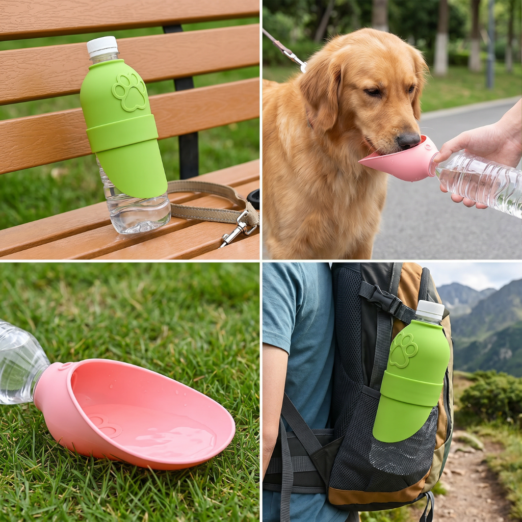 Silicone drinking cap turning a bottle into a portable dog water bowl