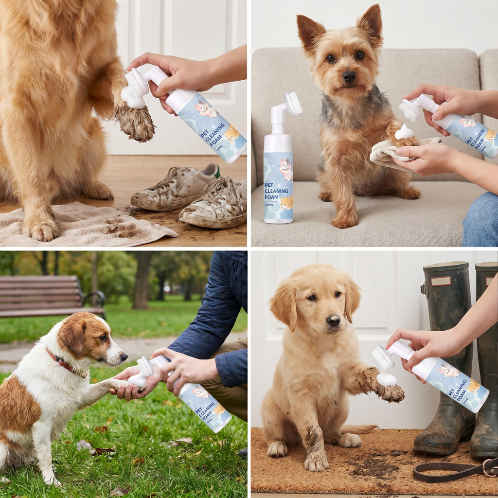 Waterless gentle paw cleaning foam with brush for dogs