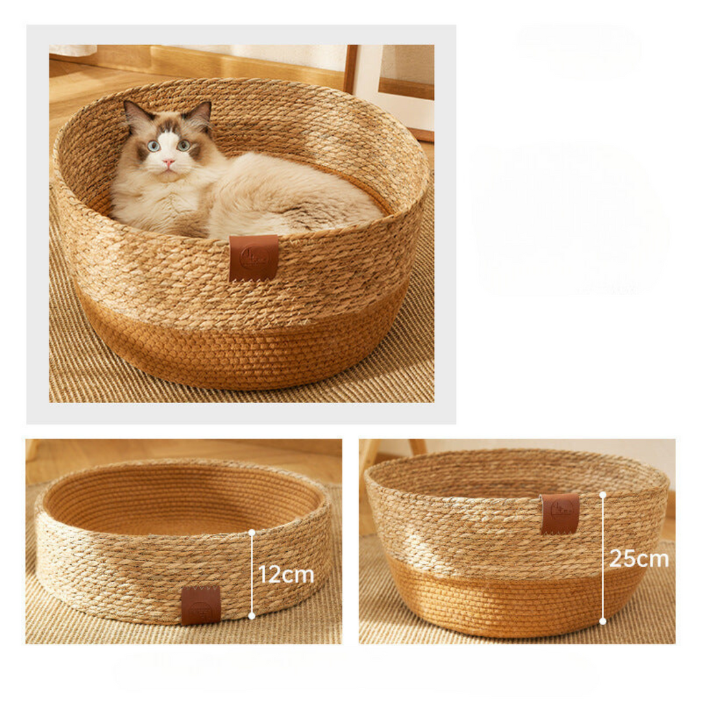 Handwoven rattan-style cat scratch bed