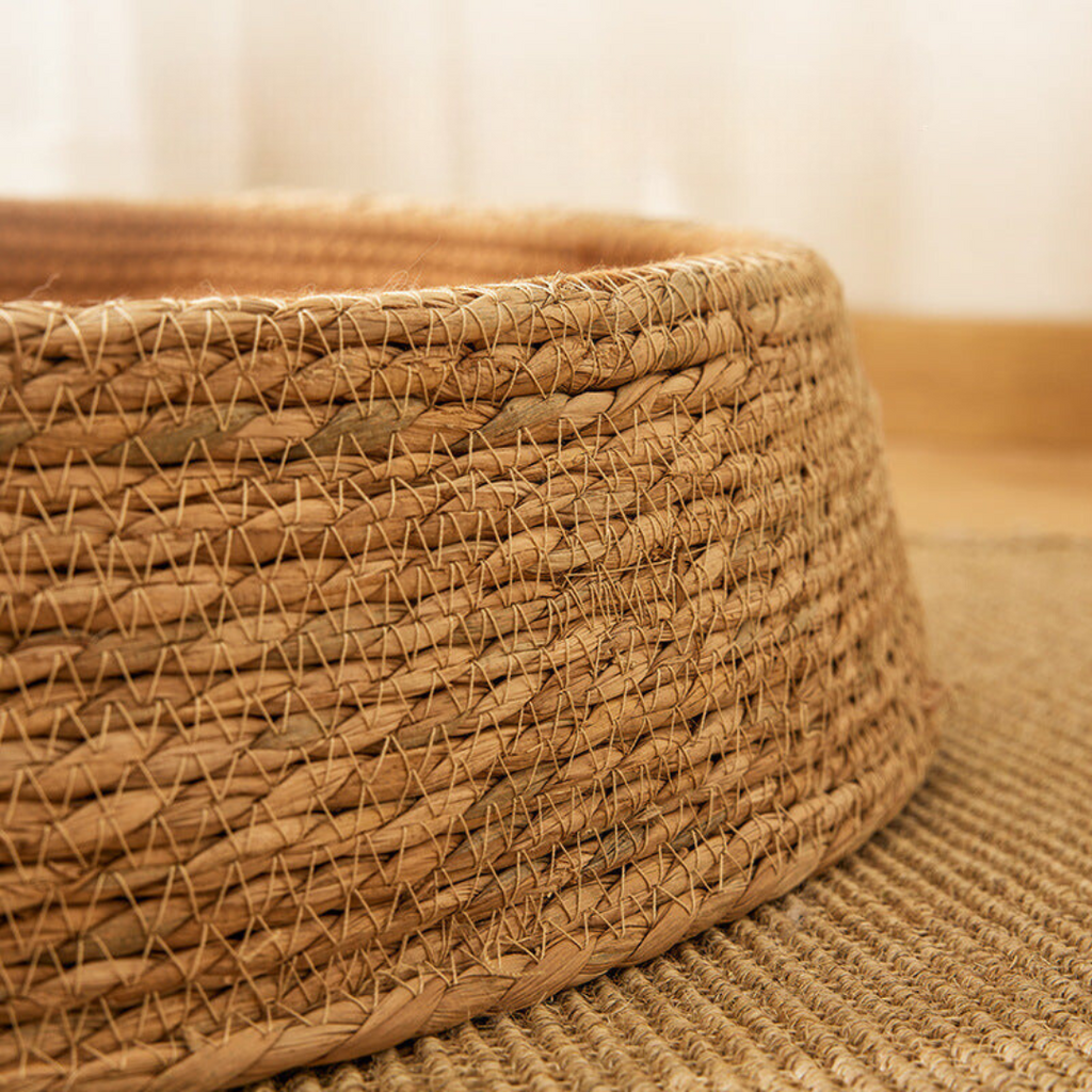 Cat resting in the woven rattan-style bed