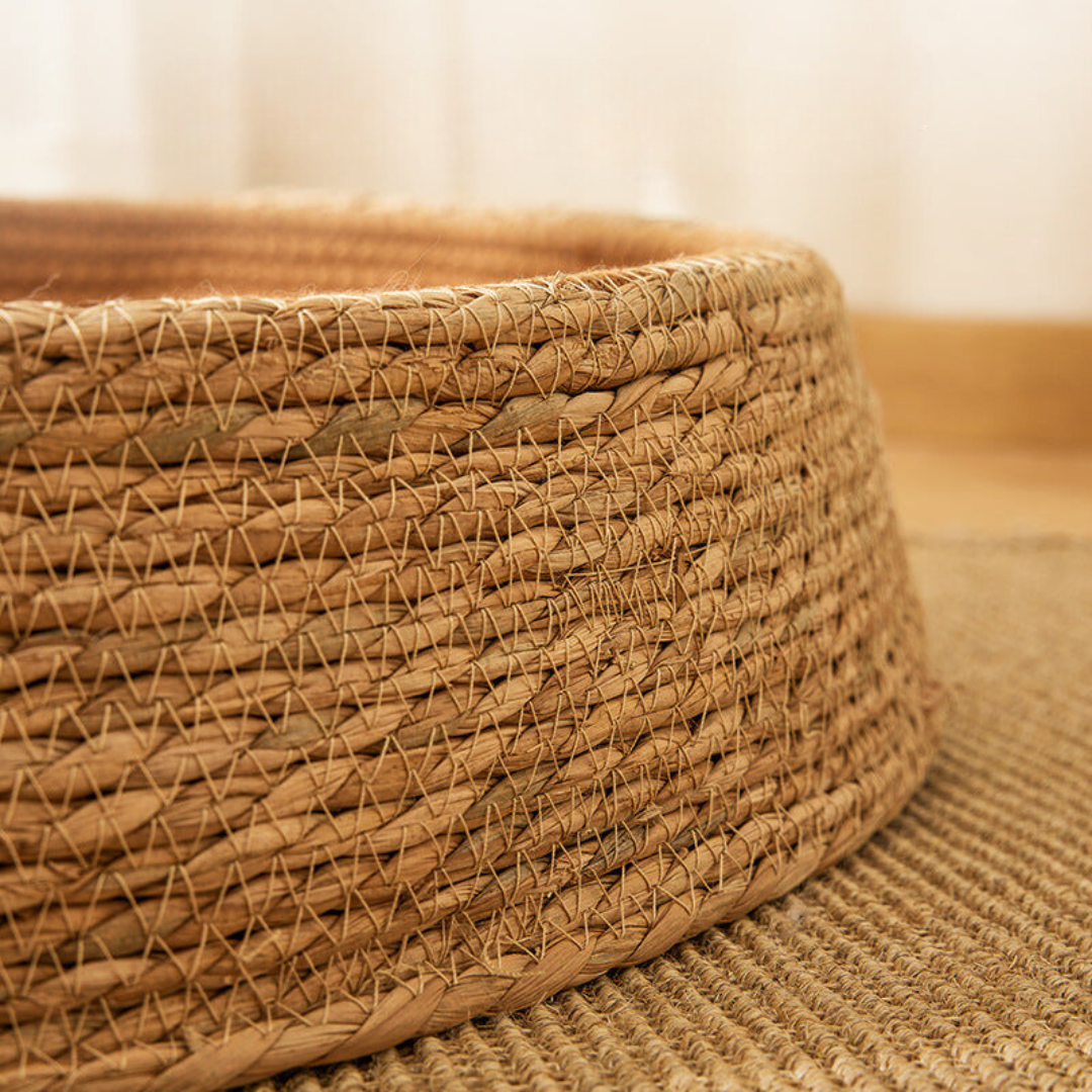 Cat resting in the woven rattan-style bed