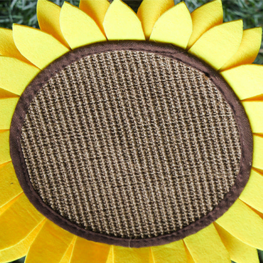 Cat playing with the sunflower scratcher