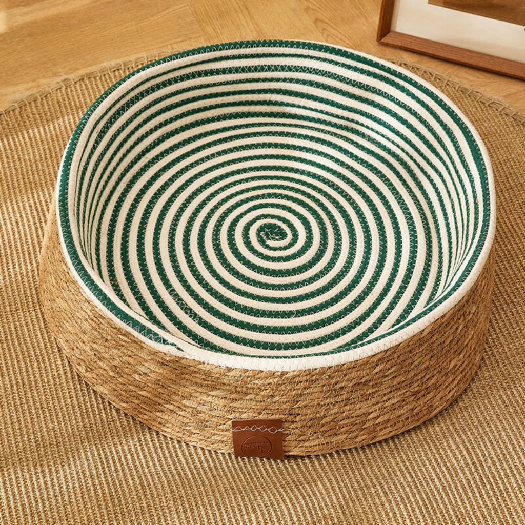 Rattan-style cat bed in dark green