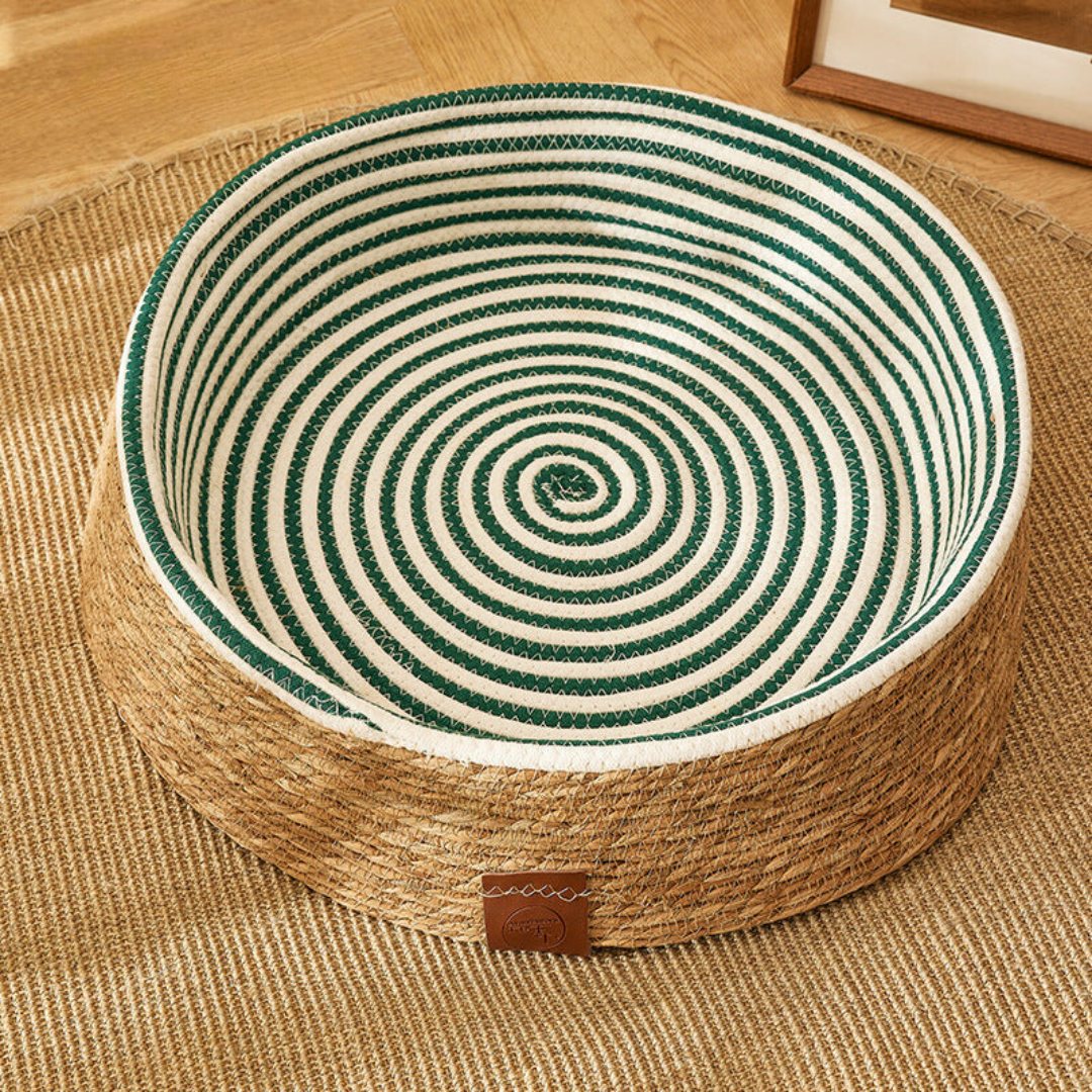 Rattan-style cat bed in dark green