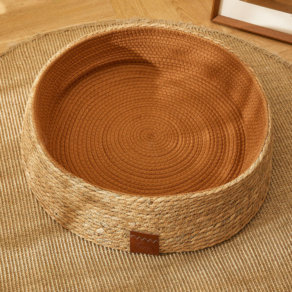 Rattan-style cat bed in brown