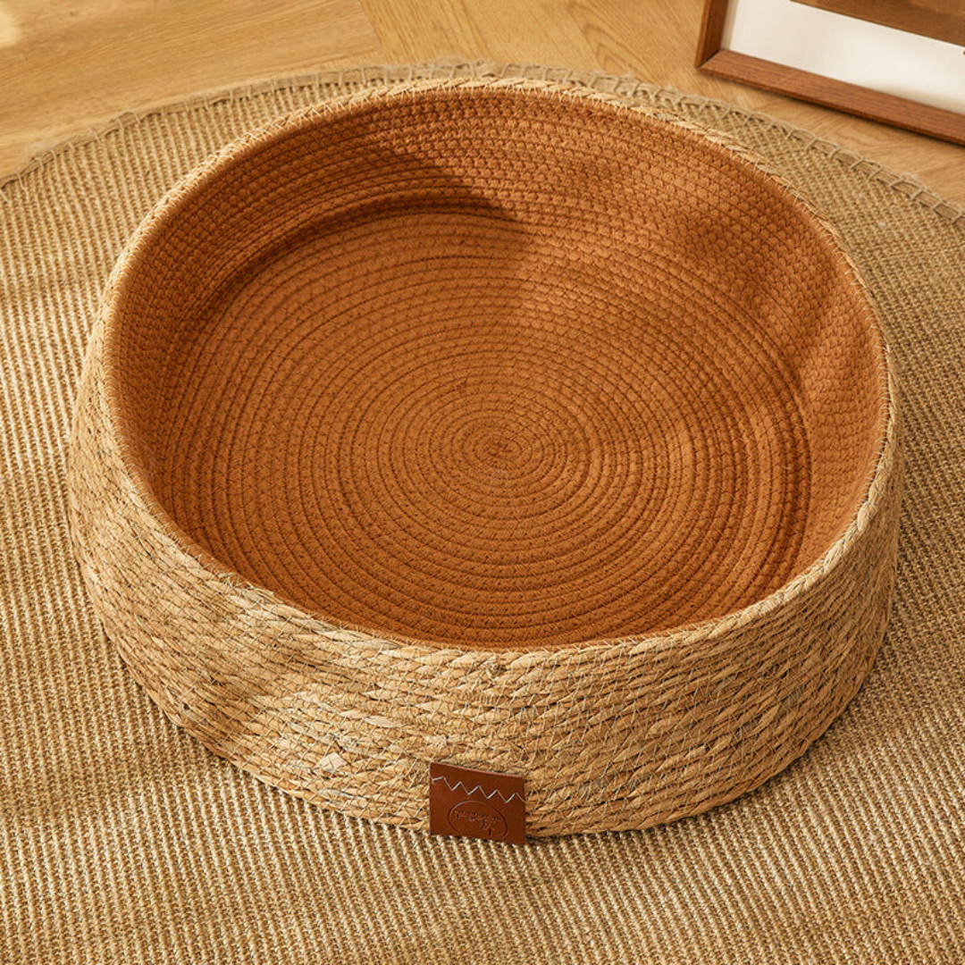 Rattan-style cat bed in brown