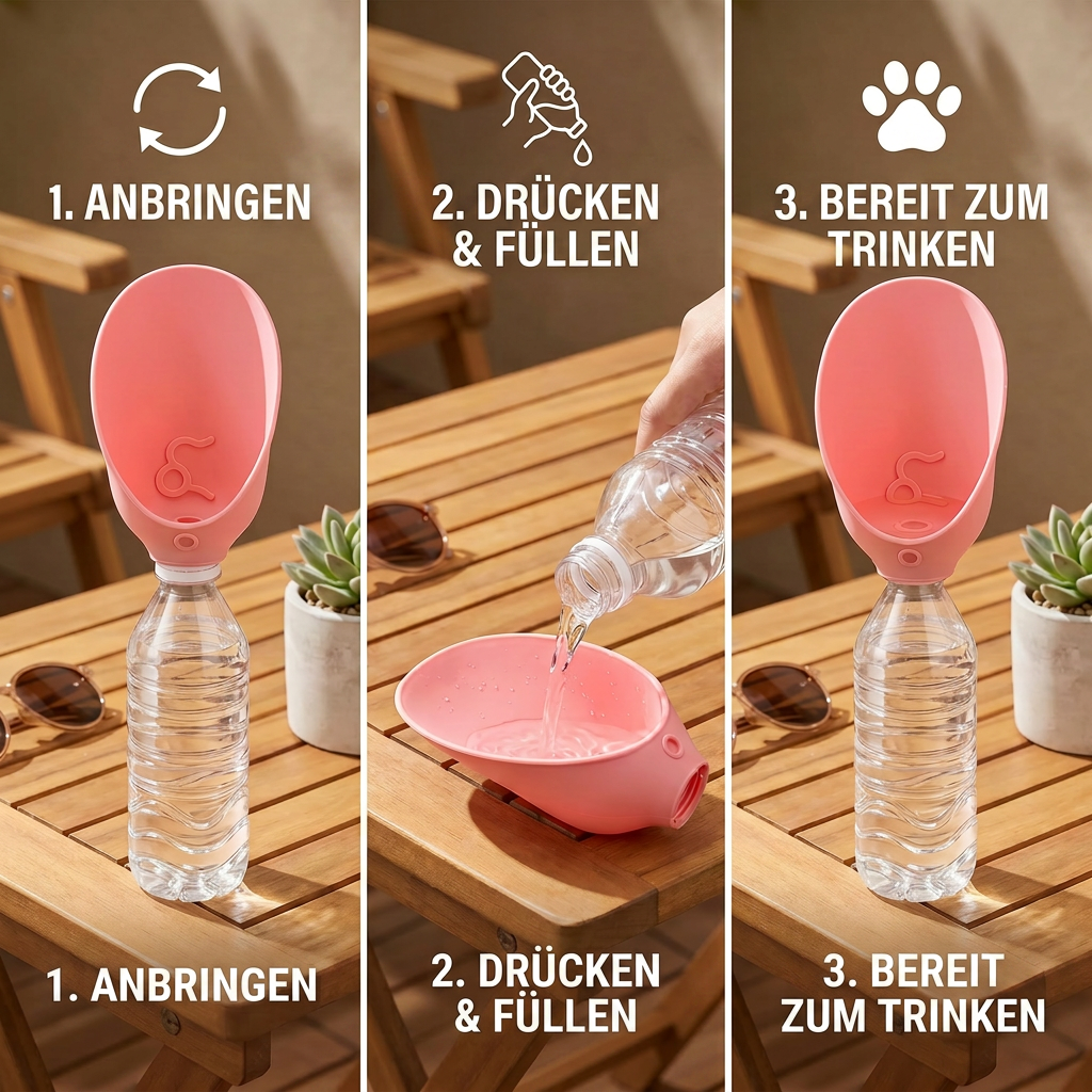 Silicone drinking cap turning a bottle into a portable dog water bowl